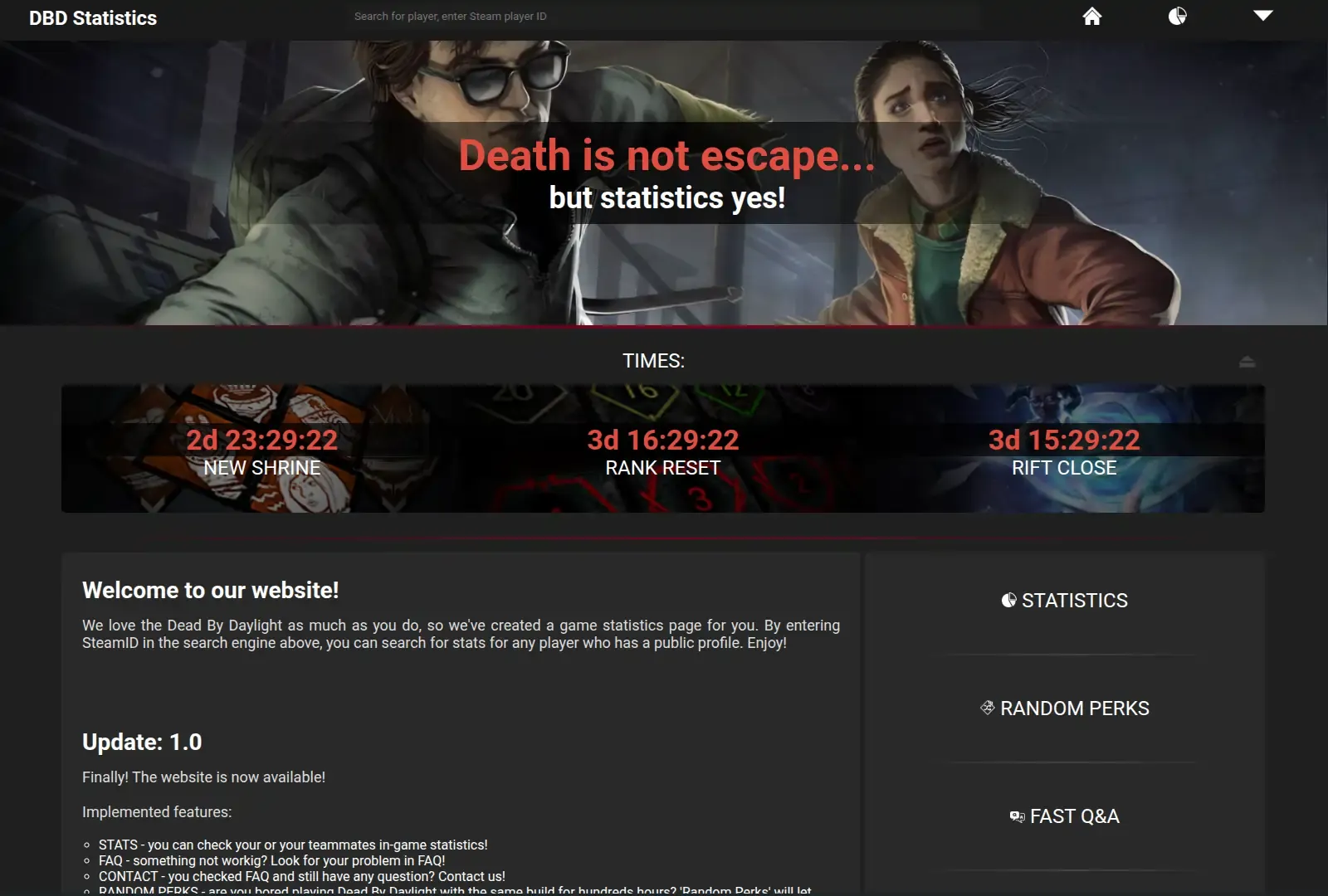 DBD Player Stats v1 from 2021 — a minimal few-page site with roughly 30 stats and a custom-written router