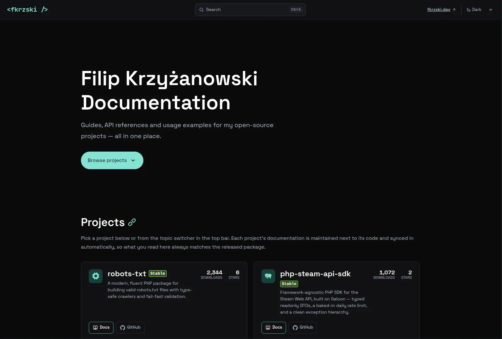 docs.fkrzski.dev landing page with project cards for robots-txt and php-steam-api-sdk, each showing download and star counts