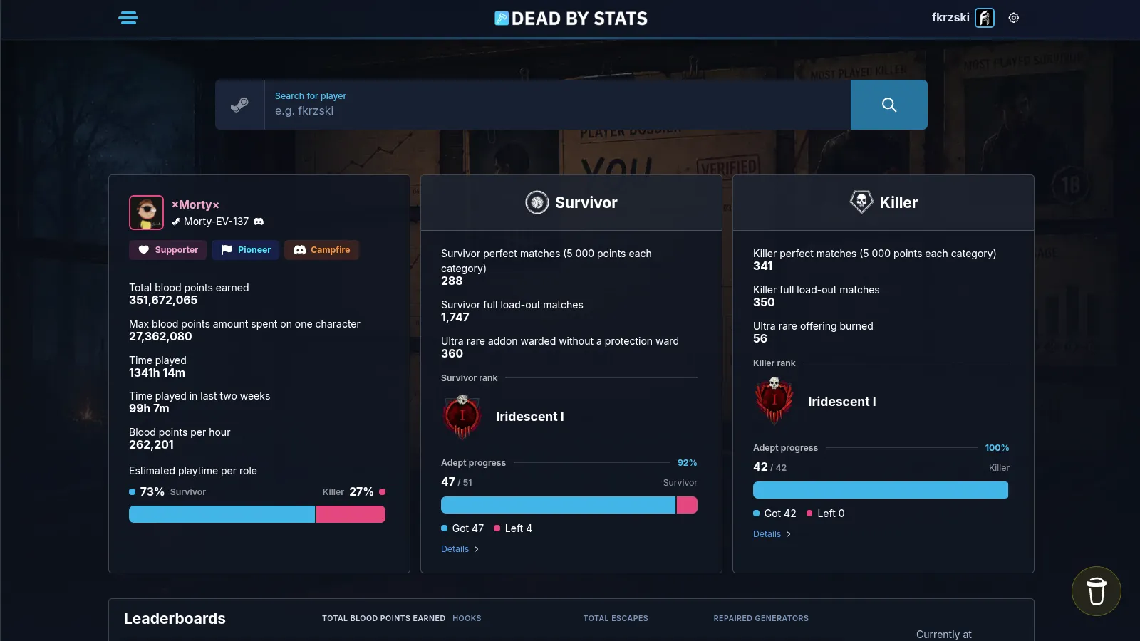 Dead by Stats player profile showing the identity card with badges, blood point totals, and separate survivor and killer panels with rank emblems and adept progress